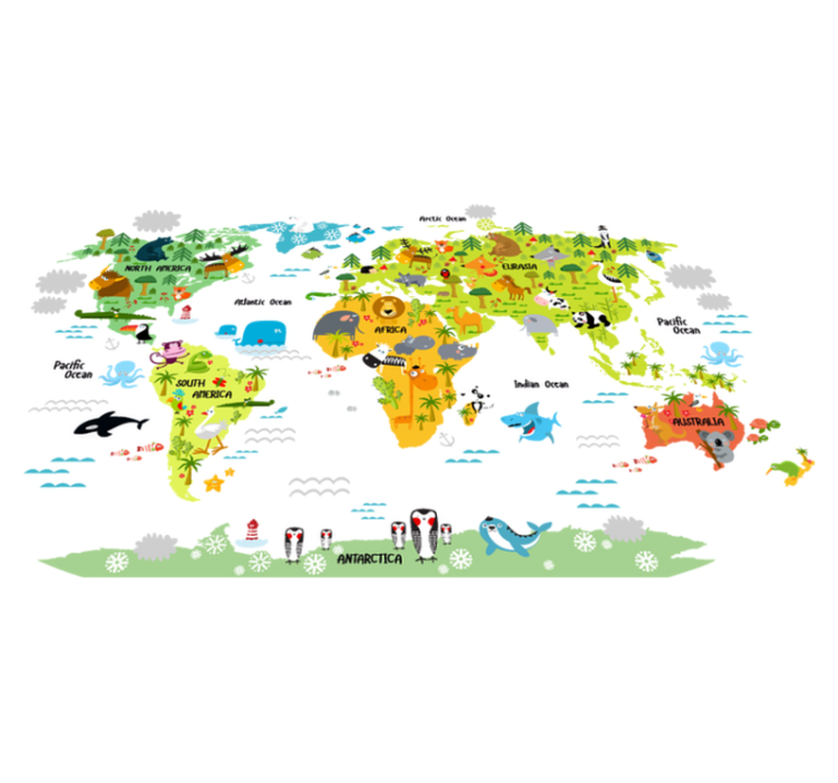 World map vinyl rug with english wildlife design - TenStickers