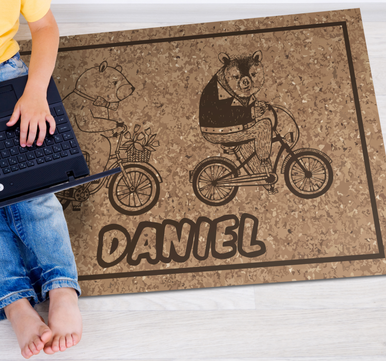 Bicycling bears with name vinyl rug - TenStickers