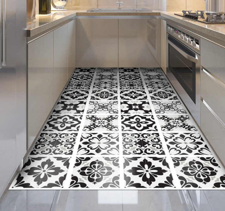 black and white hydraulic kitchen vinyl rug - TenStickers
