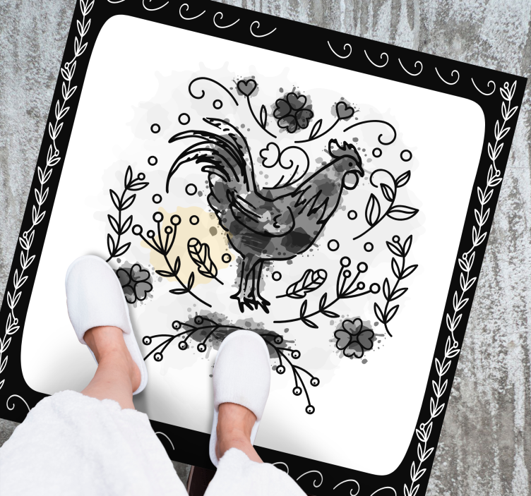 Black and white rooster square vinyl rug - TenStickers