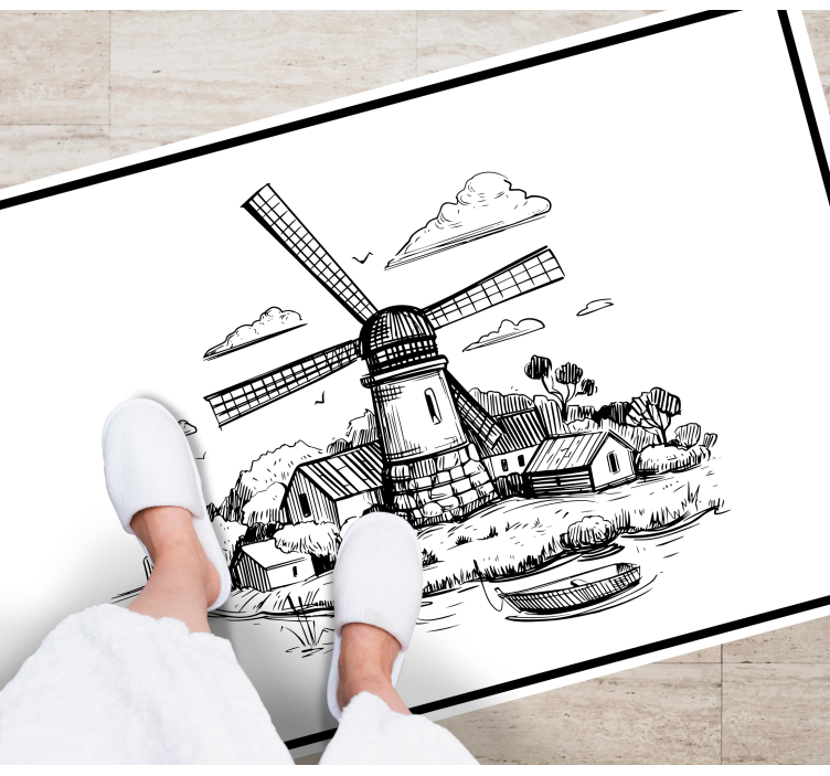 Black and white village drawing kids vinyl rug - TenStickers