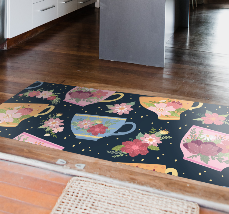 Floral Teacup Pattern flower vinyl rug - TenStickers