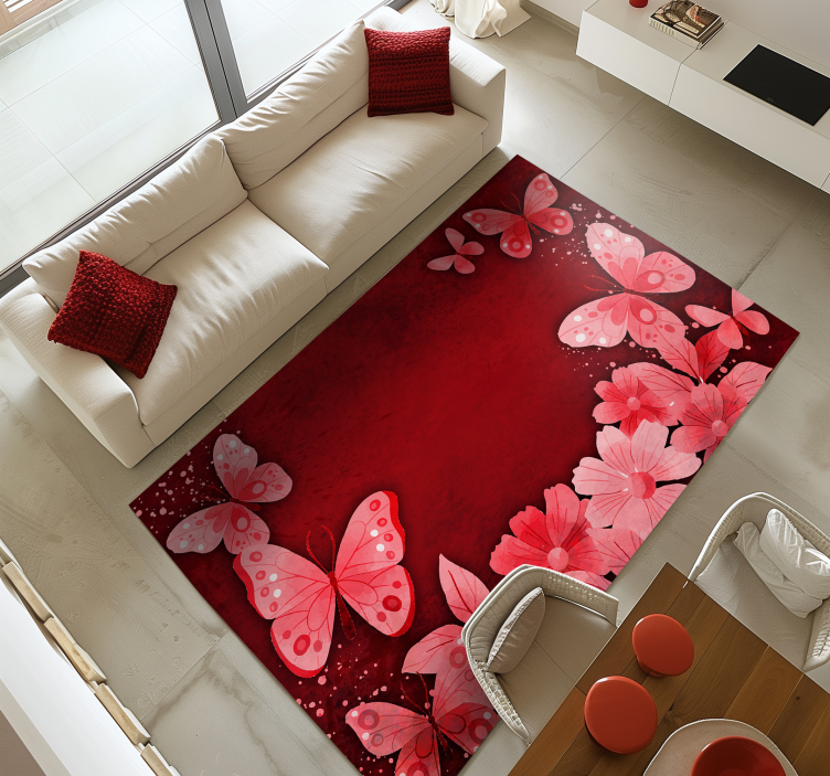 Flowers and butterflies design red vinyl rug - TenStickers
