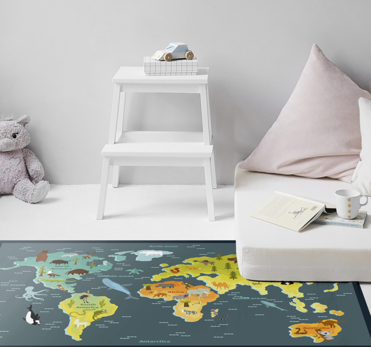 Kids world map with animals kids vinyl rug - TenStickers