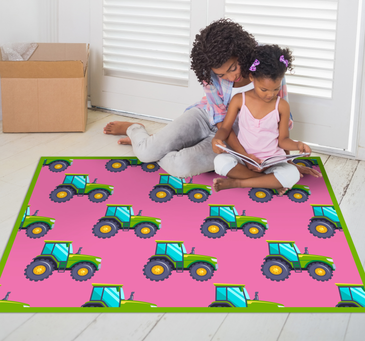 Pink and green tractor pattern kids vinyl rug - TenStickers