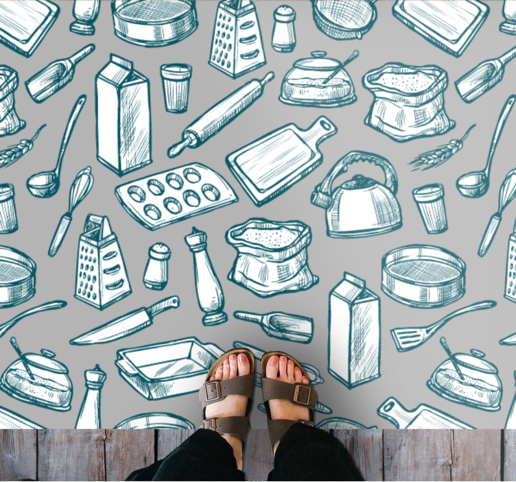 Utensils on gray background kitchen floor tiles - TenStickers