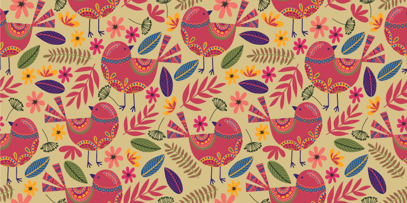 Flower vinyl rug with colorful birds folk art pattern - TenStickers