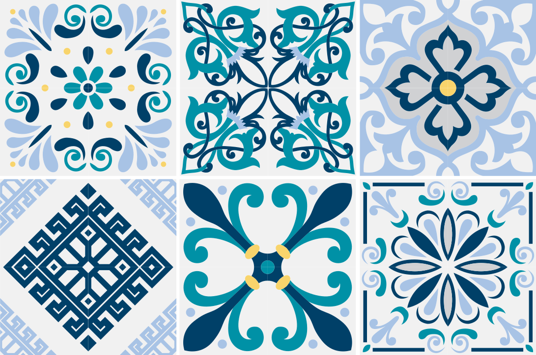 Kitchen vinyl rug in blue floral tiles - TenStickers