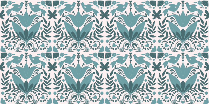 Flower vinyl rug with blue folk art birds pattern - TenStickers