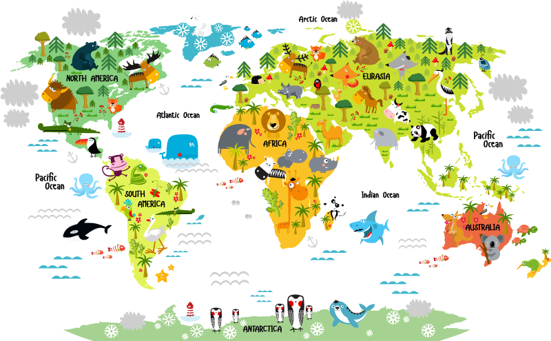 World map vinyl rug with english wildlife design - TenStickers