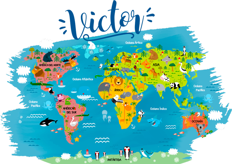 World map vinyl rug with spanish animal names - TenStickers