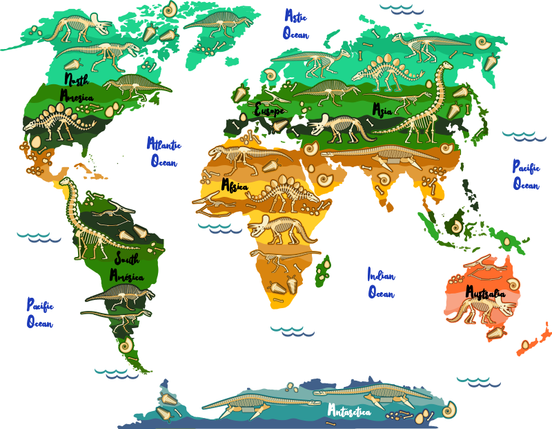 World map vinyl rug with dinosaur names in english - TenStickers