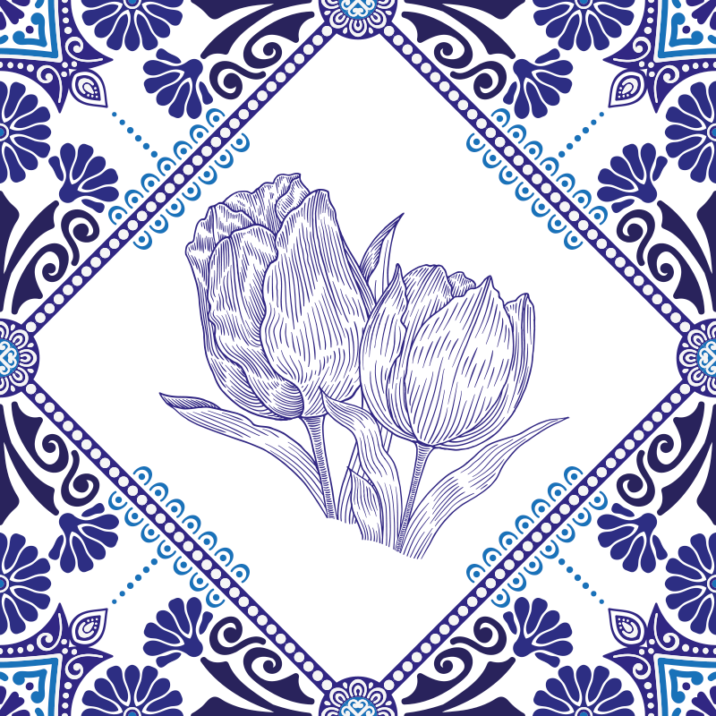 Delfts blue tulips kitchen vinyl rug - TenStickers