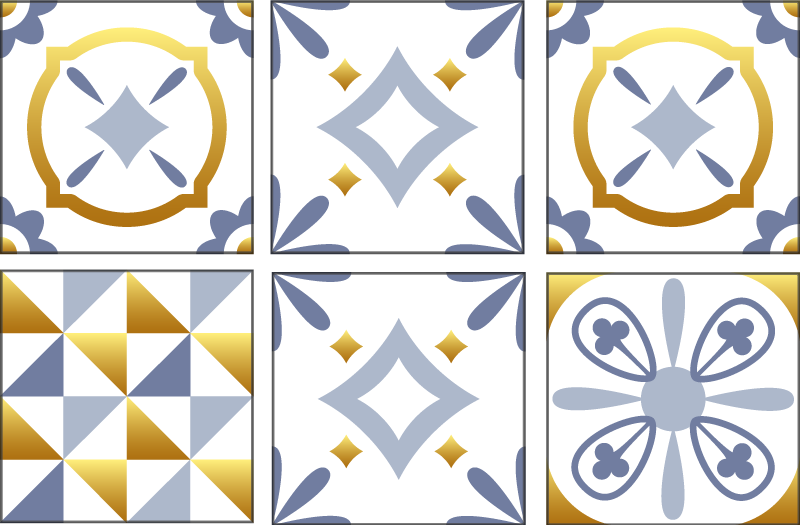 Kitchen vinyl rug with golden effect tiles friezes - TenStickers