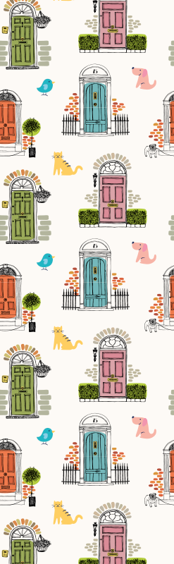 Bedroom vinyl rug featuring animal and building designs - TenStickers