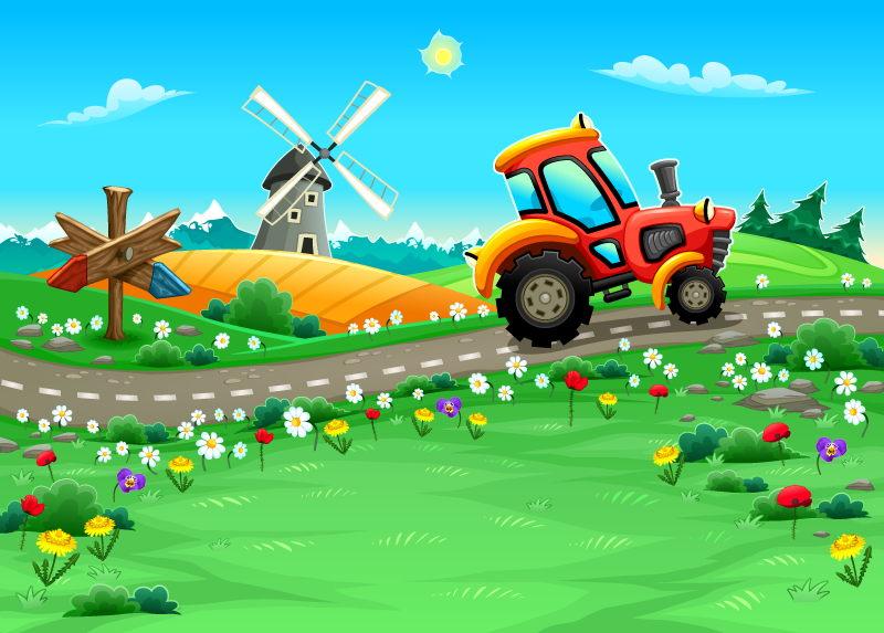 Playful Tractor Scene kids vinyl rug - TenStickers