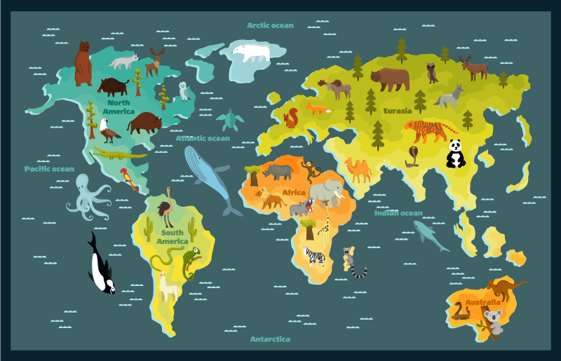 Kids world map with animals kids vinyl rug - TenStickers