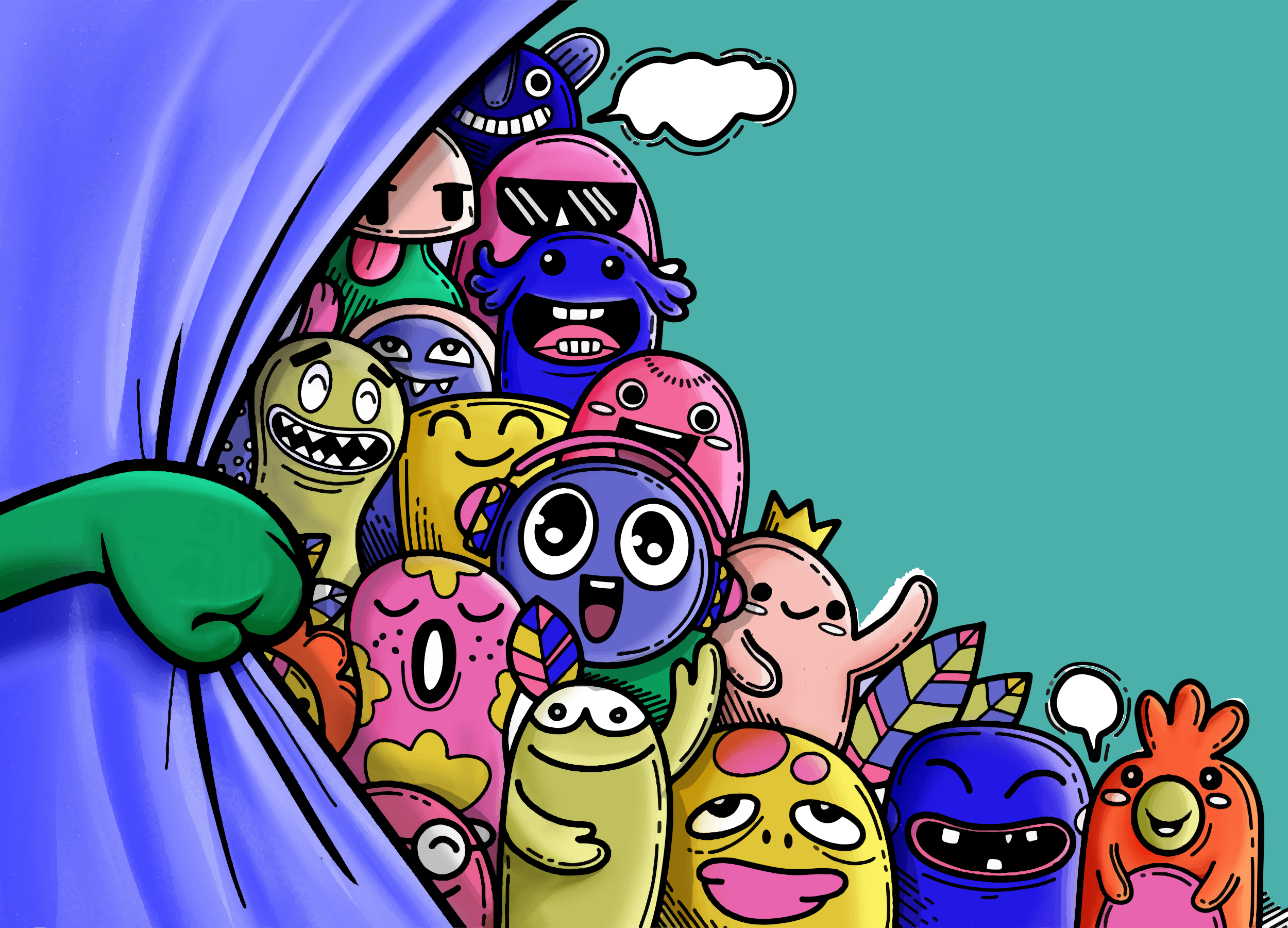 opening curtain with funny monsters bedroom rug - TenStickers