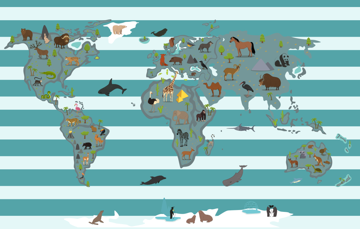 ANIMALS ACROSS CONTINENTS world map vinyl rug - TenStickers