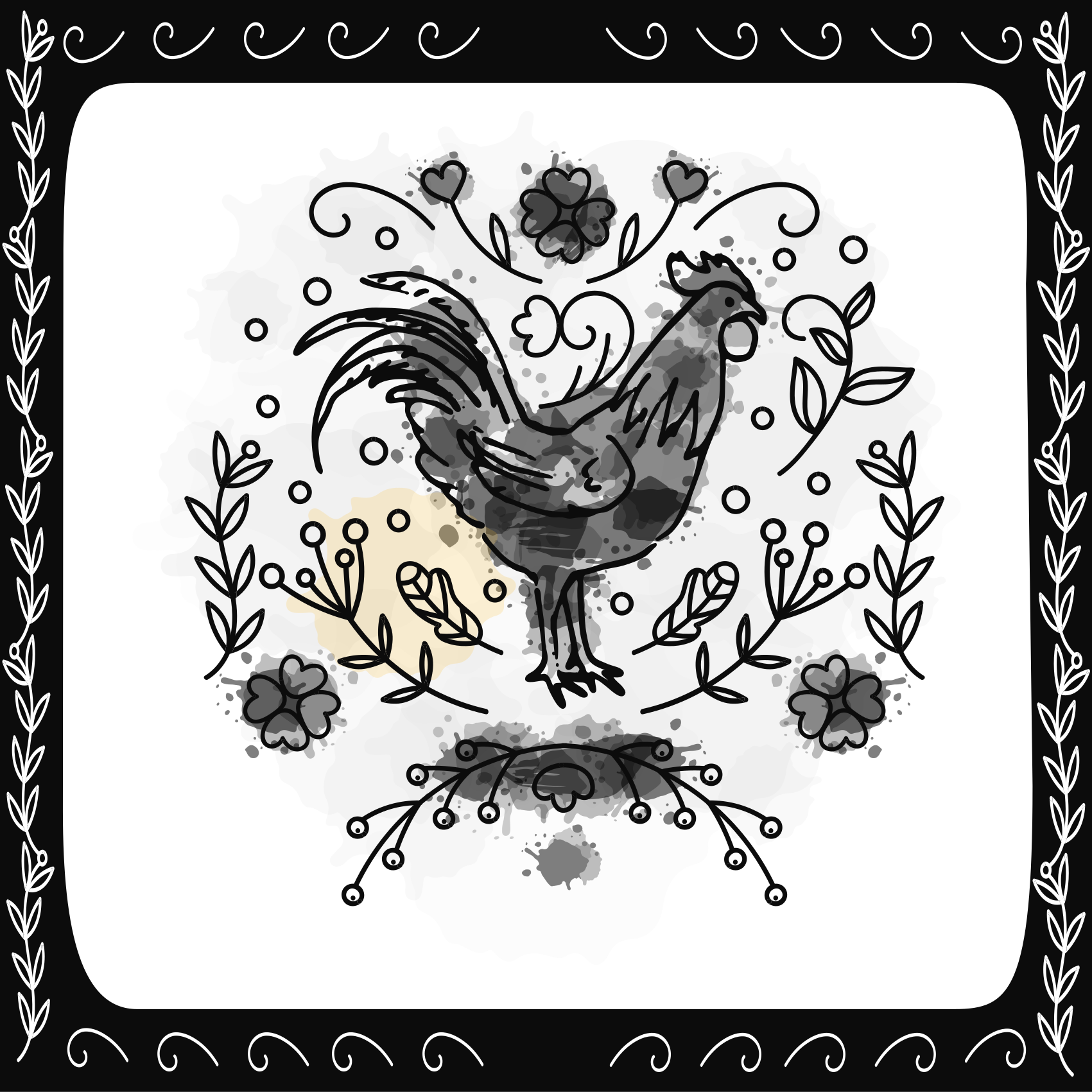 Black and white rooster square vinyl rug - TenStickers