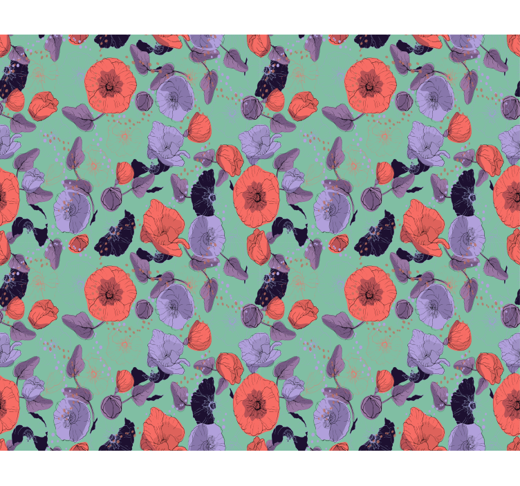 Flower wallpaper blue and red poppies design - TenStickers