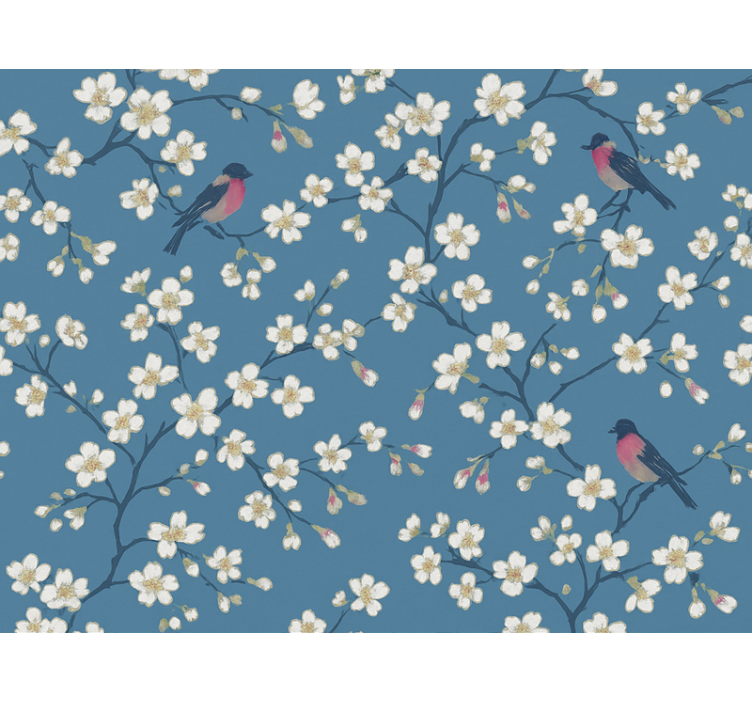 Flower wallpaper blue orchard birds - TenStickers