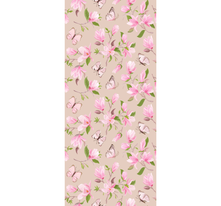 Floral ornament wallpaper with pink magnolia and butterfly - TenStickers