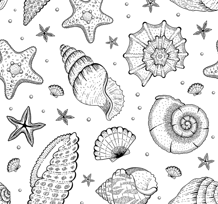 Marine life and seashells BLACK WHITE wallpaper - TenStickers
