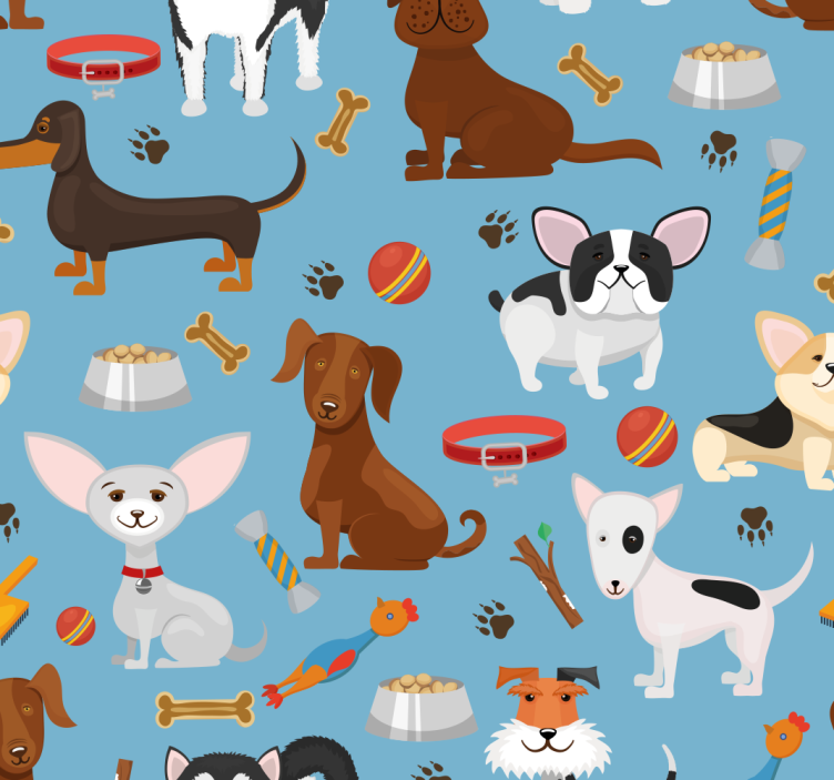 Dogs pattern blue background bedroom wallpaper - TenStickers