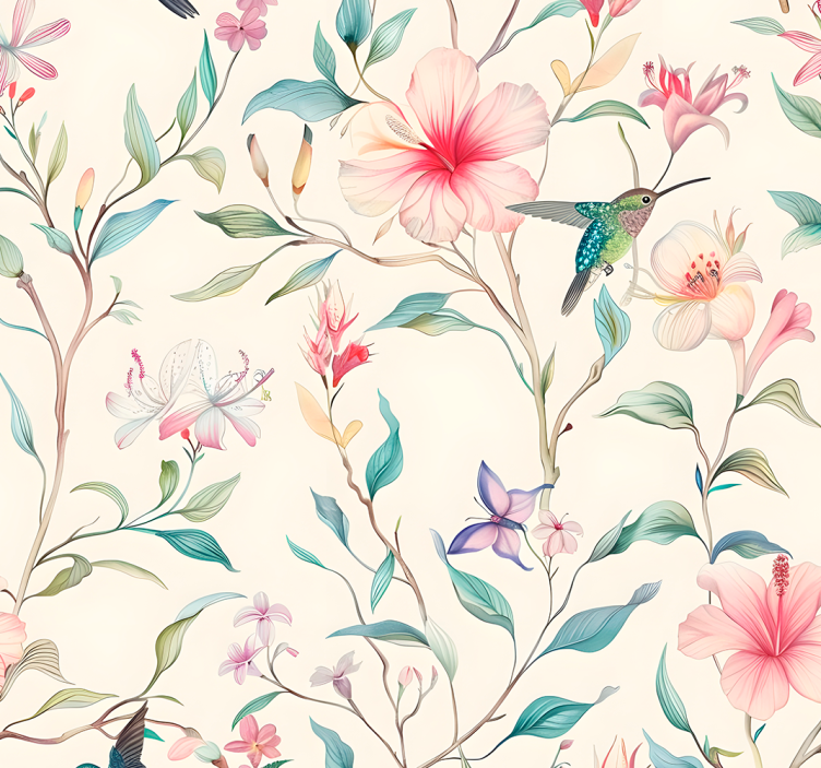 Flowers and hummingbirds pattern floral ornament wallpaper - TenStickers