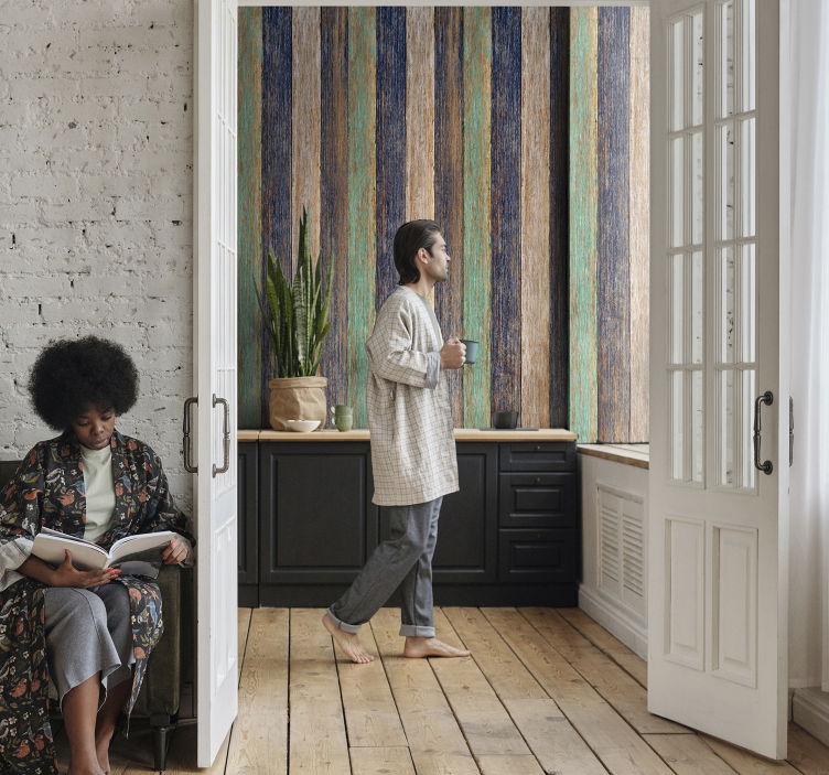 Colorful distressed design wood wallpaper - TenStickers