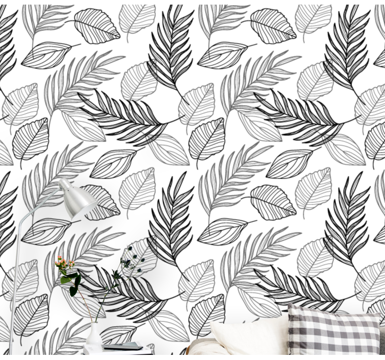 Black and white leaves drawing leaf wallpaper - TenStickers