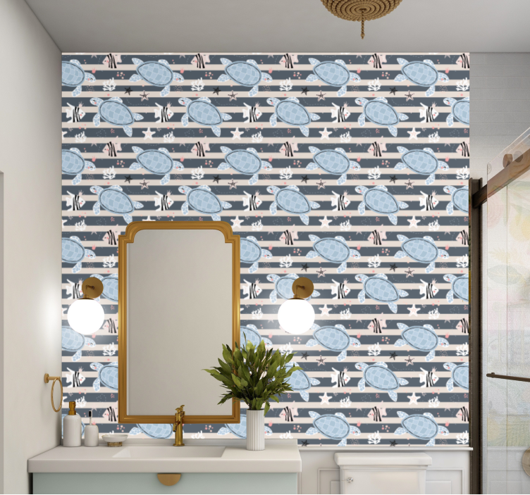 Turtles and stripes nautical bathroom wallpaper - TenStickers