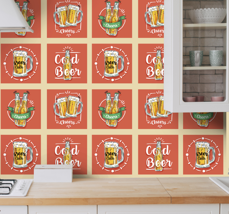 Beer mugs collage kitchen wallpaper - TenStickers