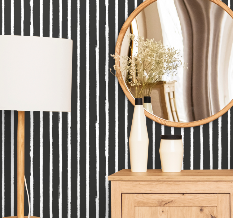 Black and white painted motif striped wallpaper - TenStickers