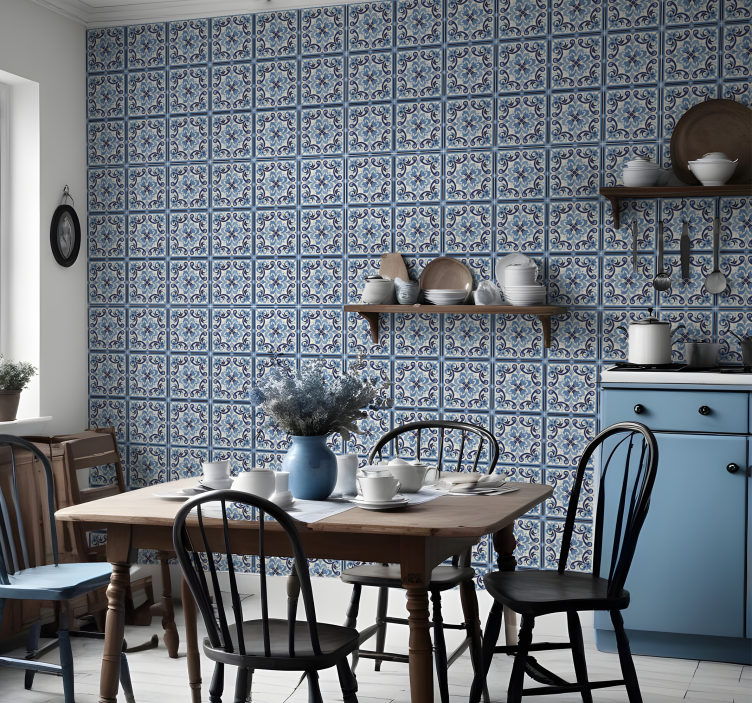 Blue and white floral pattern tile wallpaper - TenStickers