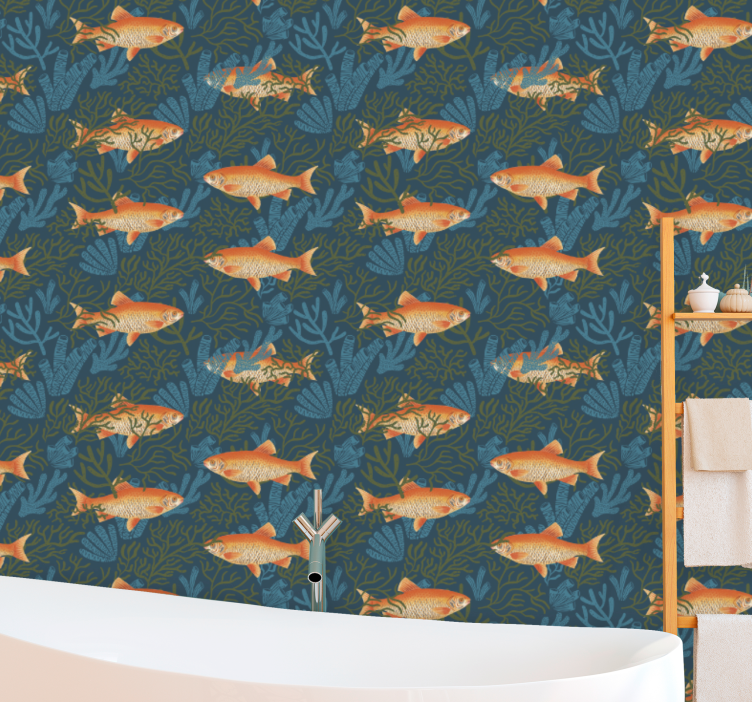 Blue water plants orange fishes leaf wallpaper - TenStickers