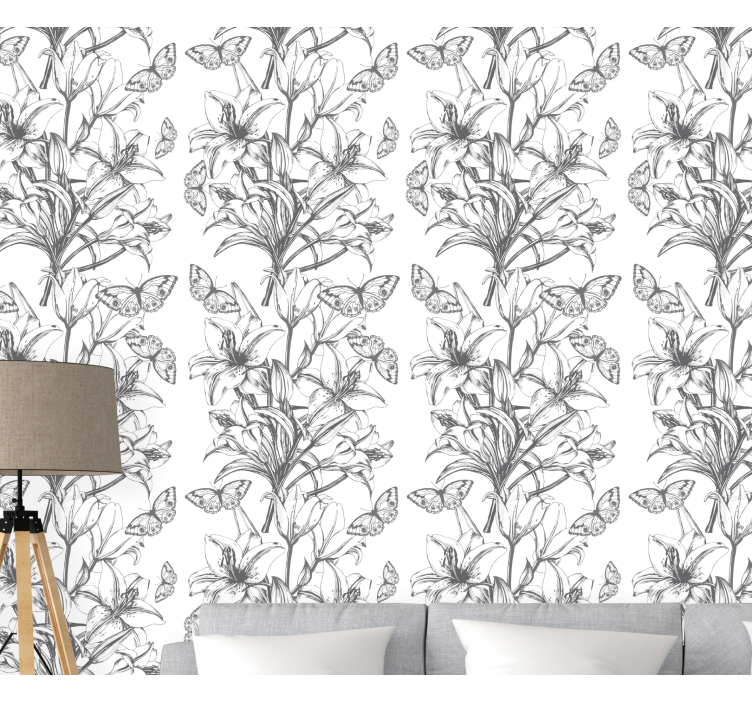 Butterflies and Lilies flower wallpaper - TenStickers