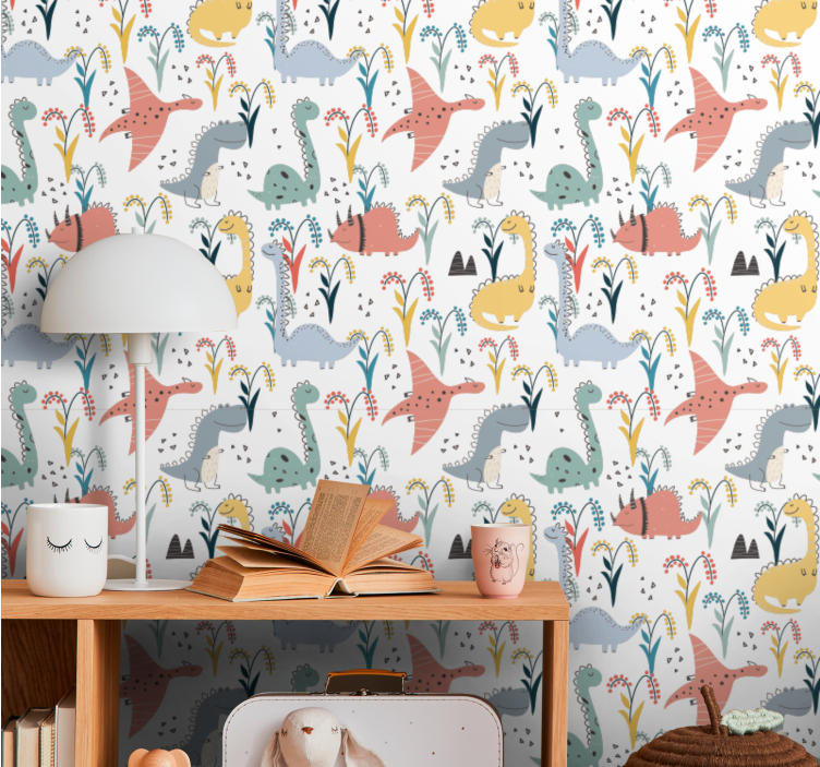 Colorful dinosaurs and trees Bedroom Wallpaper - TenStickers