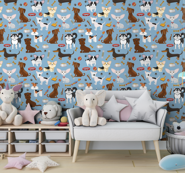 Dogs pattern blue background bedroom wallpaper - TenStickers