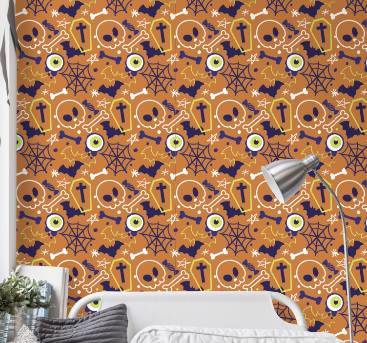 Ghosts bats skulls and star Orange Wallpaper - TenStickers