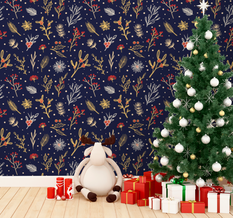 Golden mistletoe on navy blue x-mas wallpaper - TenStickers