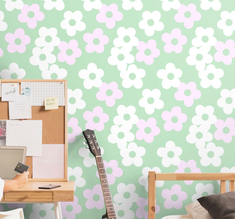 Green with white and pink Flower Wallpaper - TenStickers