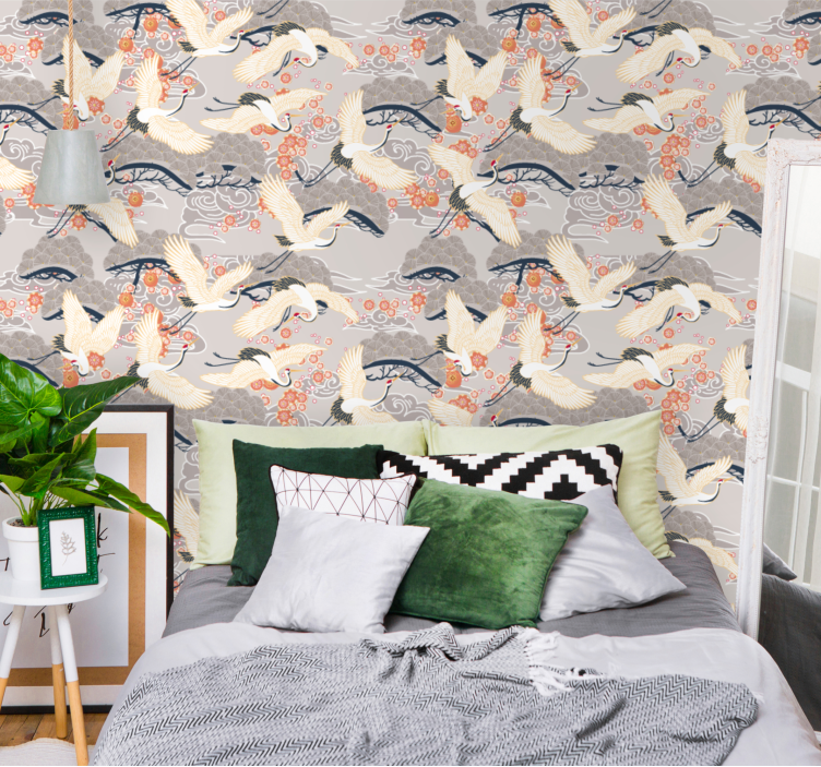 Herons Japanese style pattern Bedroom Wallpaper - TenStickers