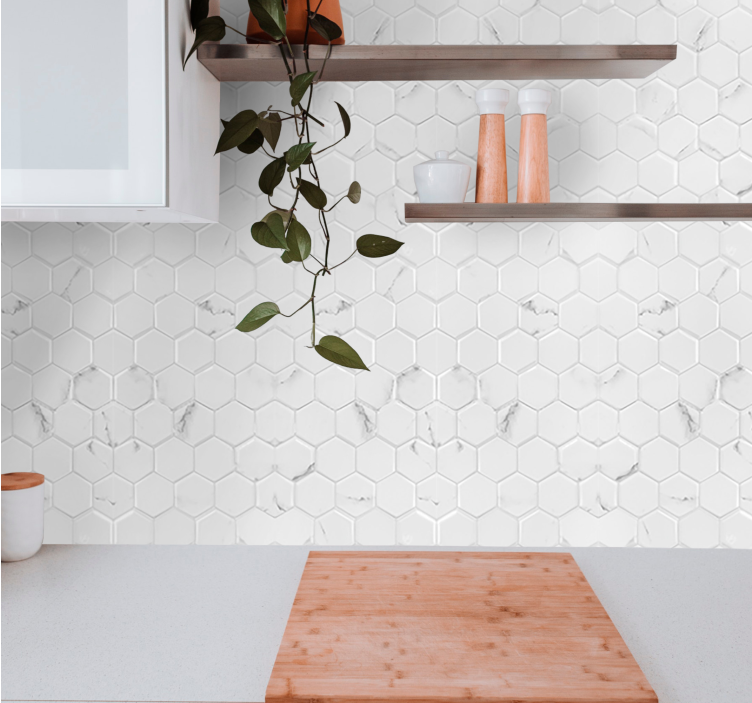 Hexagon white pattern marble wallpaper - TenStickers