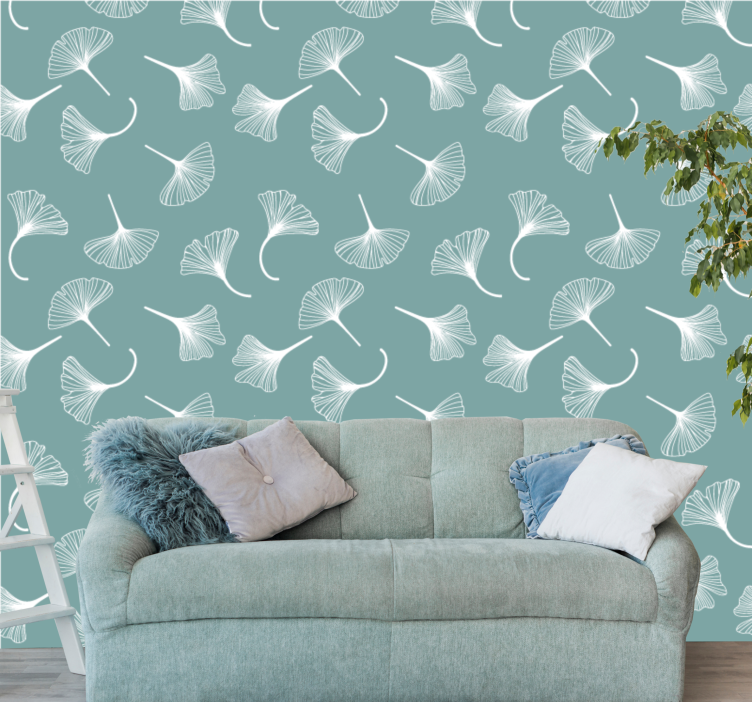 Light blue ginkgo leaves pattern wallpaper - TenStickers