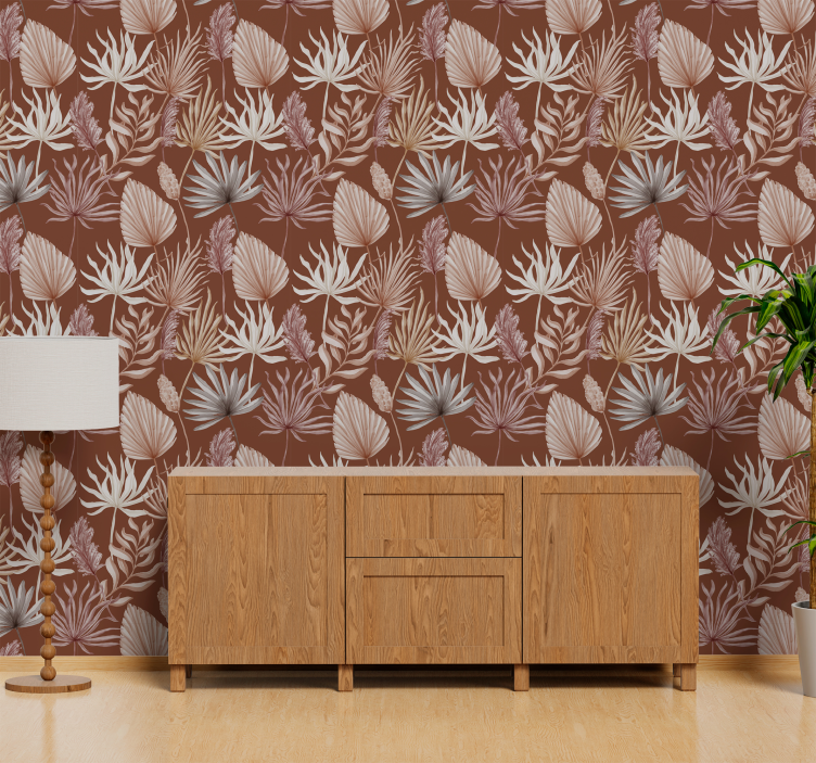 Monstera leaves terracotta wallpaper - TenStickers