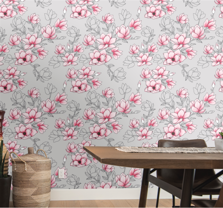 Multiple magnolia flowers on silver wallpaper - TenStickers