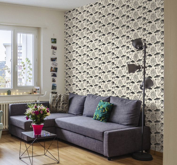 mushroom pattern on beige background Living room wallpaper - TenStickers
