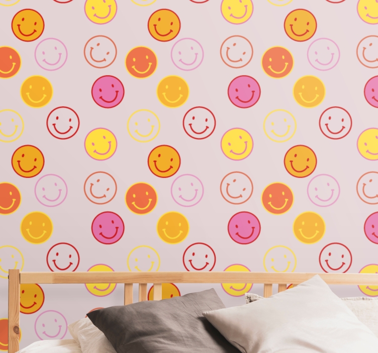 Pink and yellow drawn smiley faces Wallpaper - TenStickers